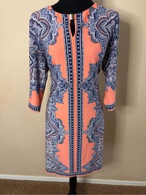 Sz 16-Signature Coral and Navy Paisley-Print Long Sleeve Sheath Dress
